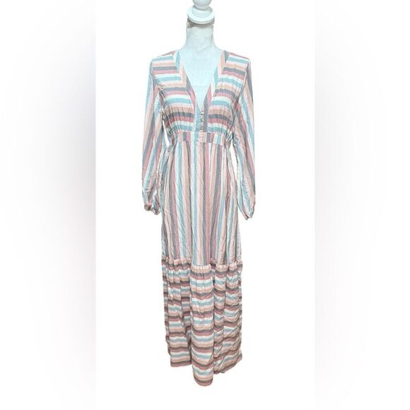 Anthropologie Self-Contrast Striped Neutral Beige Long Sleeve Maxi Dress Size M - Picture 2 of 6